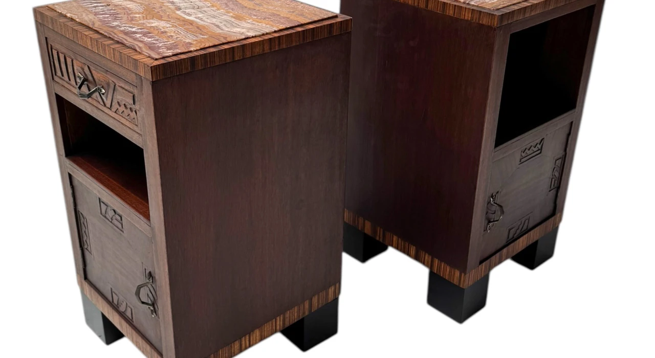 Two Art Deco Nightstands or Bedside Tables with Multi-Colored Marble Tops, 1930s